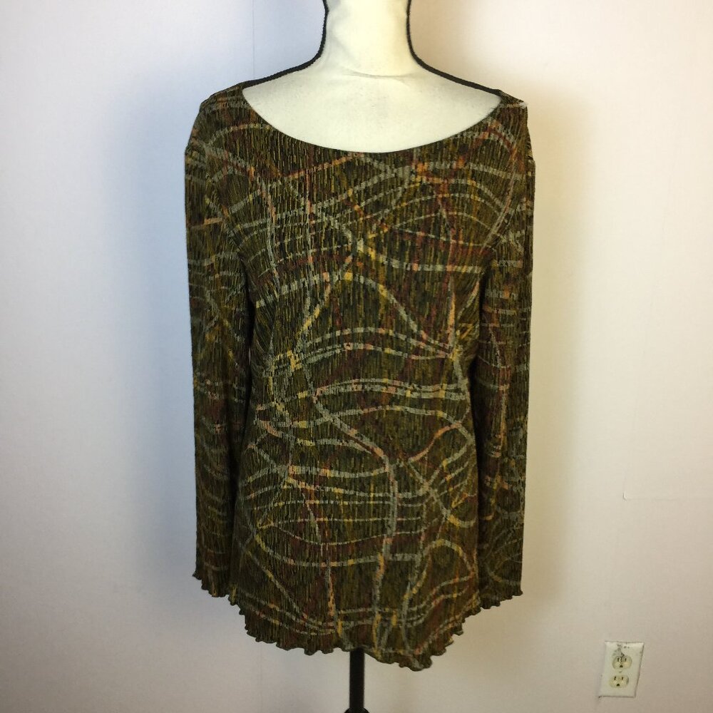 Coldwater Creek Blouse Top Size L Womans Black Yellow Slinky Knit Long Sleeve